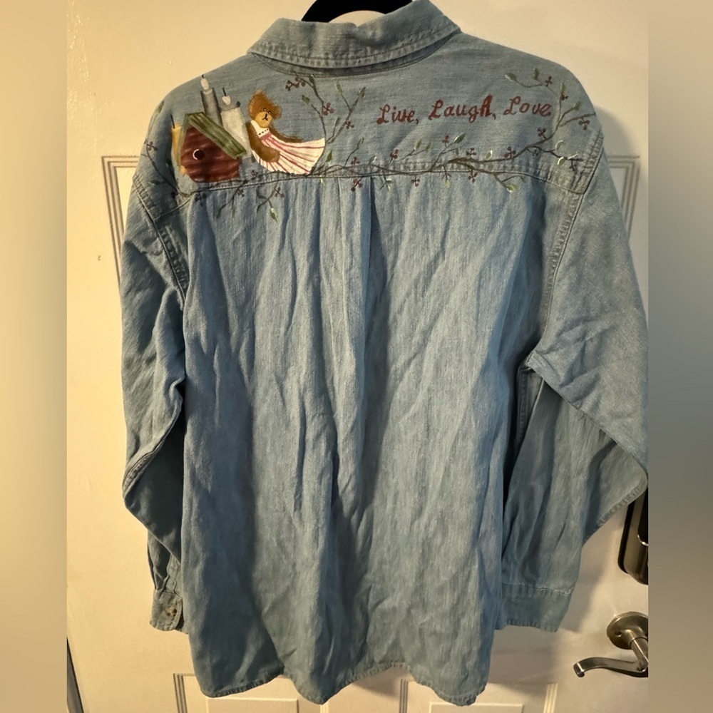 VTG Custom Denim Shirt Handpainted Embroidered Cotton Grannycore Coastal Grandma